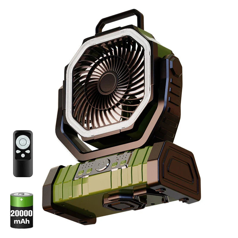 20000mAh Tragbarer Wiederaufladbarer Ventilator — Akku-Betriebene Tisch- & Camping-Lüfter mit LED-Licht & Haken für Zelt, Auto und Outdoor-Ausflüge | Karnz
