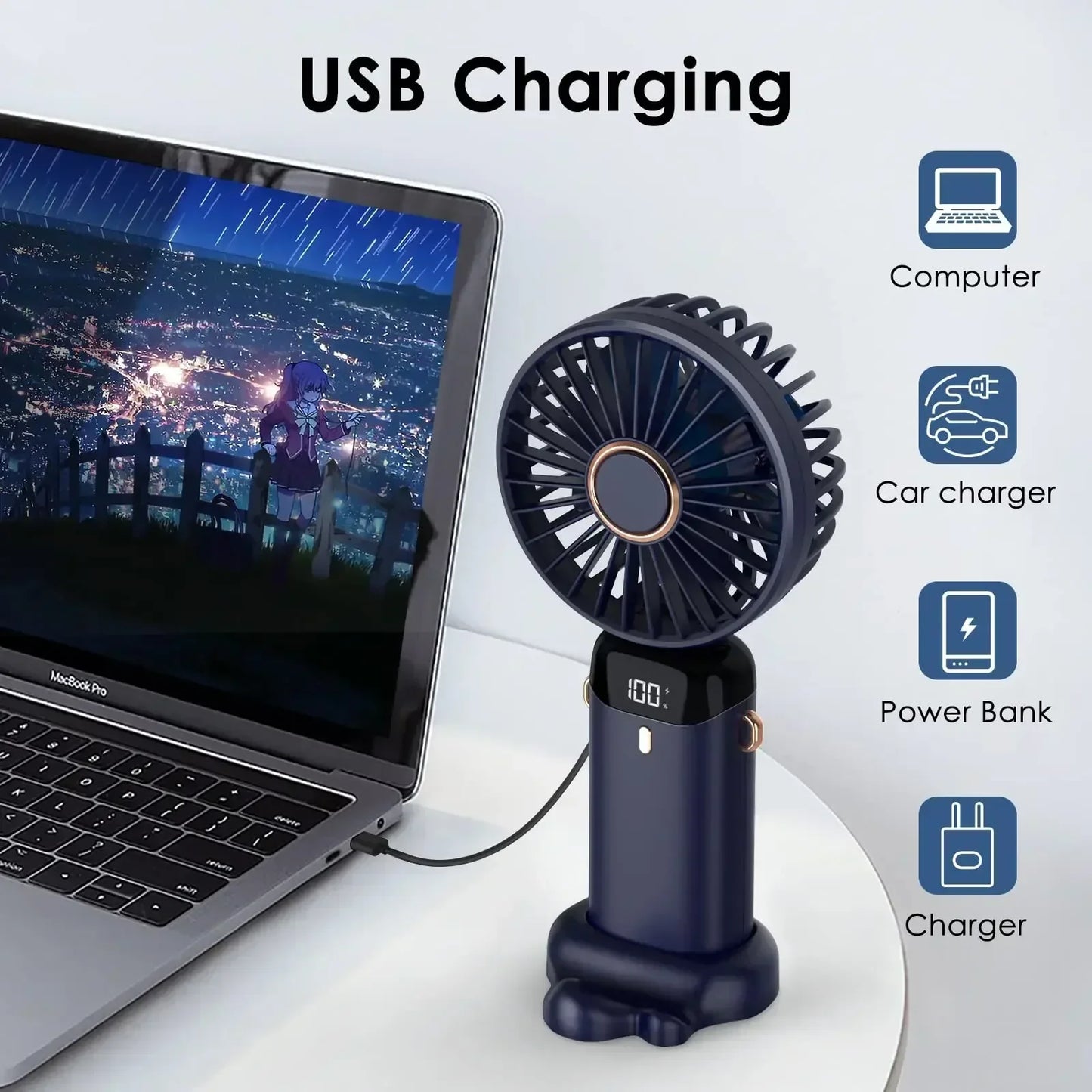 5000mAh Handheld Mini Ventilator – Kabelloser USB wiederaufladbarer tragbarer Ventilator mit digitaler Anzeige, Telefonhalter, 5-Geschwindigkeits faltbarer Nacken-Hängevantilator | Karnz