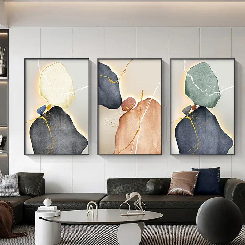 Moderne abstrakte nordische Zen-Kiesel Wandkunst feine Kunstdrucke auf Leinwand neutrale Töne geomorphes Design Bilder für zeitgenössische Innenräume | Karnz