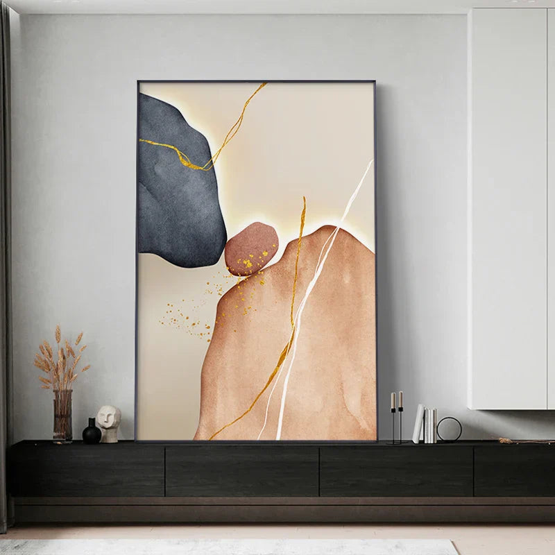 Moderne abstrakte nordische Zen-Kiesel Wandkunst feine Kunstdrucke auf Leinwand neutrale Töne geomorphes Design Bilder für zeitgenössische Innenräume | Karnz