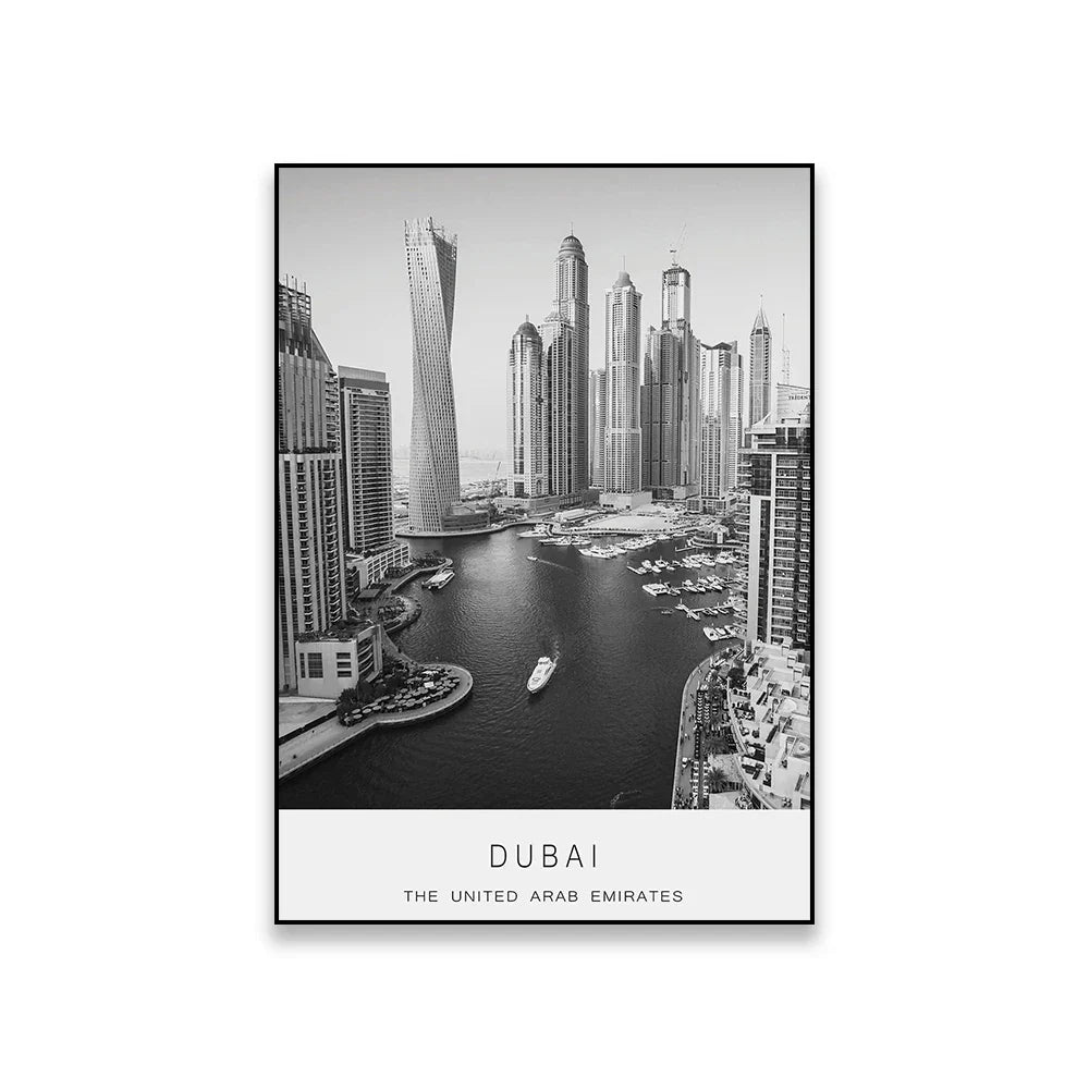 Dubai Skyline Poster Internationale Reisen Wandkunst Fein Kunst Leinwanddrucke Schwarz Weiß Bilder Für Wohnzimmer Esszimmer Heim Büro Kunst Dekor | Karnz