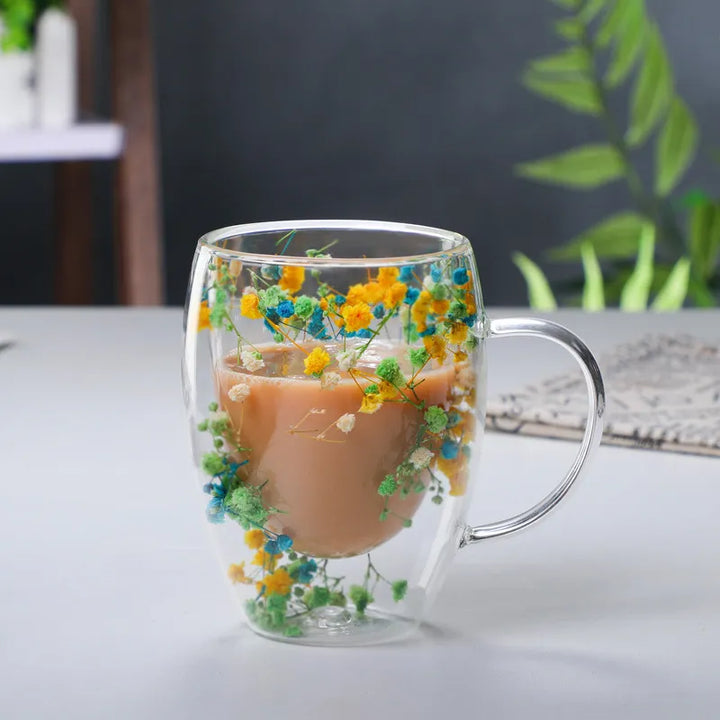 2pcs Getrocknete Blumen Doppelt wändige Glas Tasse