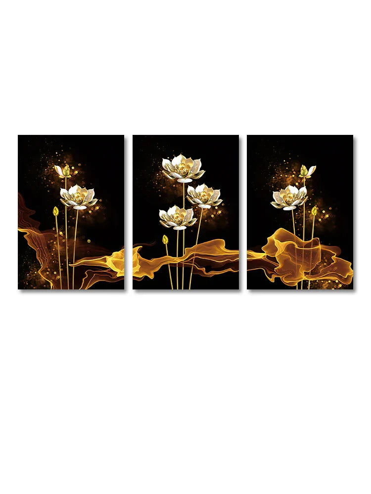 Set von 3PCs Weiße Goldene Lotus Exotische Florale Wandkunst Feine Kunst Leinwanddrucke Exotische Botanische Bilder Für Luxuriöses Wohnzimmer Esszimmer Schlafzimmer Kunstdekoration | Karnz
