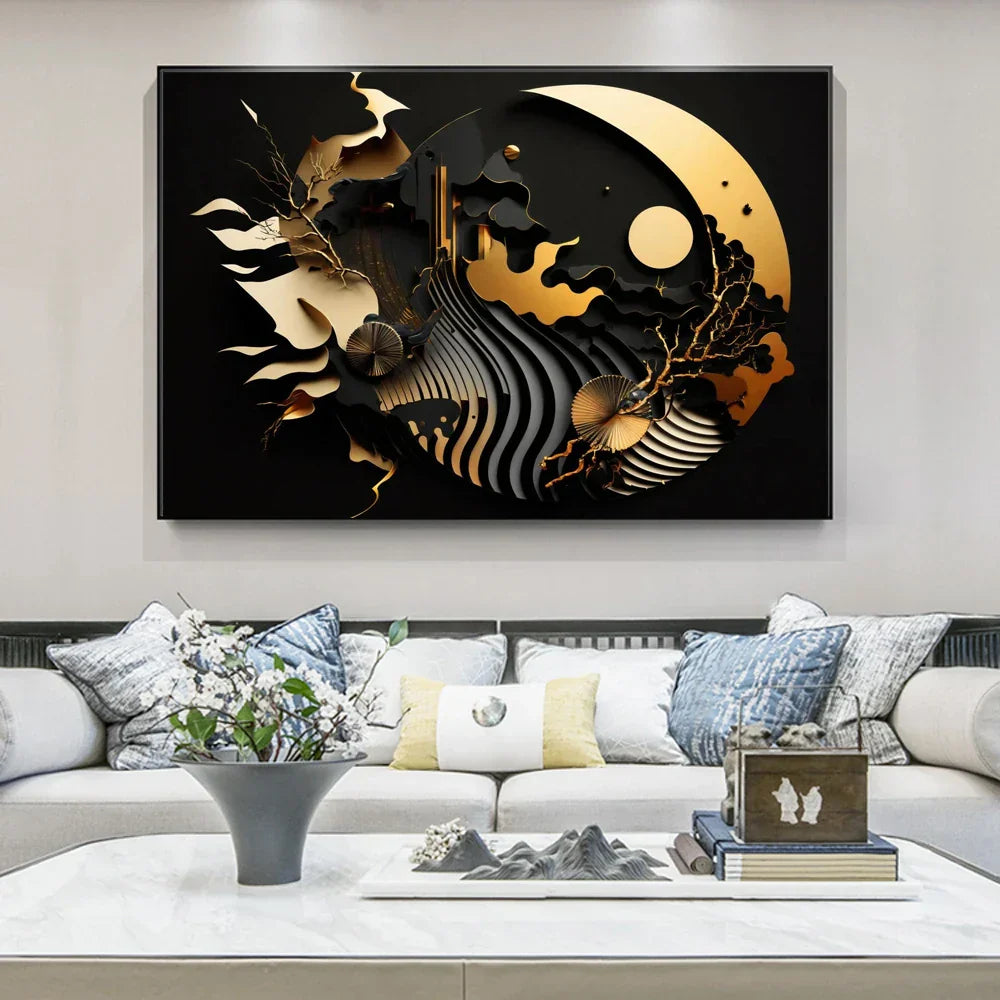 Moderne Fließende Geometrie Schwarzes Goldenes Abstraktes Wandkunst Feine Kunst Leinwanddrucke Bilder Für Wohnzimmer Esszimmer Home Office Dekor | Karnz