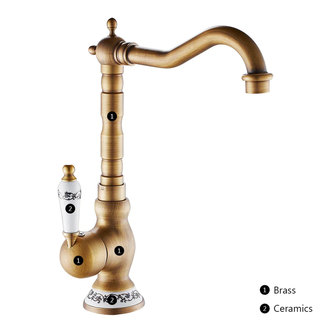 Küchenarmatur aus antikem Messing mit keramischem Griff - 360° schwenkbar | Traditionelles Design Karnz