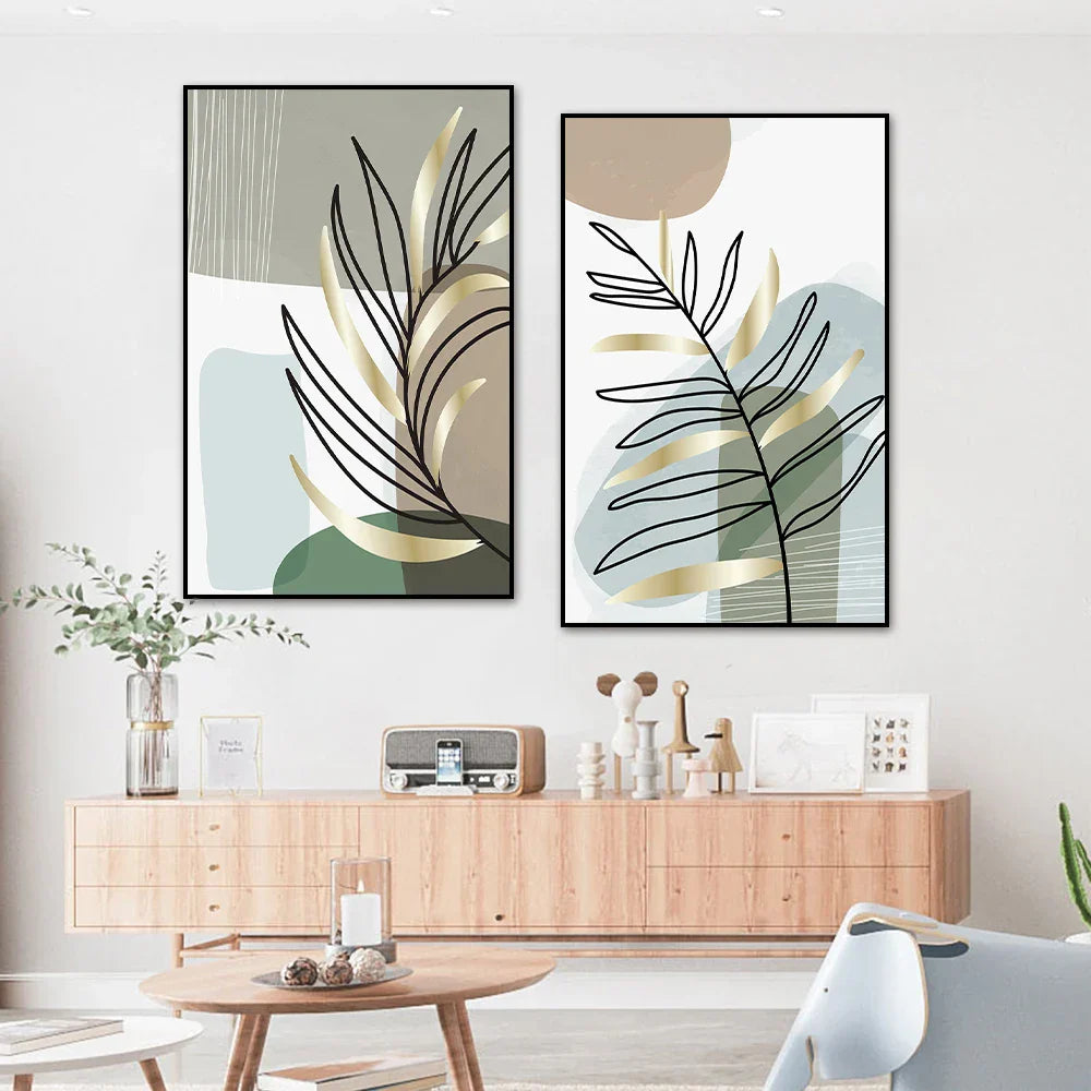 Set von 2PCS Botanische Abstrakte Linienkunst Blätter Wandkunst Feine Kunst Leinwanddrucke Einfache Nordische Bilder Für Wohnzimmer Dekor