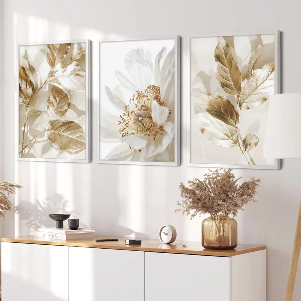 Moderne weiße & goldene florale Wandkunst feine Kunst Leinwanddrucke Bilder für Wohnzimmer Esszimmer Schlafzimmer Kunst Dekor (Set von 3 Stück) | Karnz