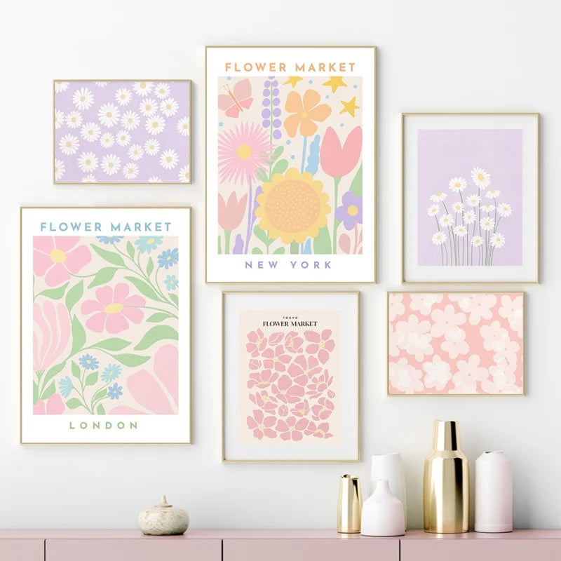 Pink Lavendel Gänseblümchen Blumenmarkt Poster Wandkunst Feine Kunst Leinwanddrucke Pastell Blumenbilder Für Wohnzimmer Schlafzimmer Kunst Dekor | Karnz