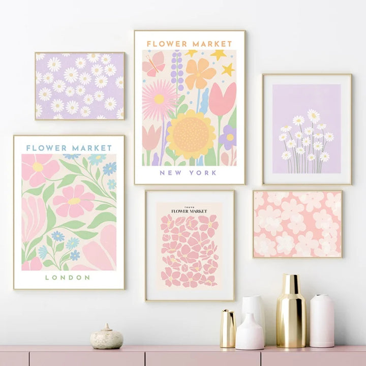 Pink Lavendel Gänseblümchen Blumenmarkt Poster Wandkunst Feine Kunst Leinwanddrucke Pastell Blumenbilder Für Wohnzimmer Schlafzimmer Kunst Dekor | Karnz
