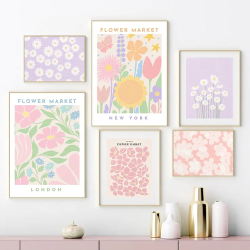 Pink Lavendel Gänseblümchen Blumenmarkt Poster Wandkunst Feine Kunst Leinwanddrucke Pastell Blumenbilder Für Wohnzimmer Schlafzimmer Kunst Dekor | Karnz
