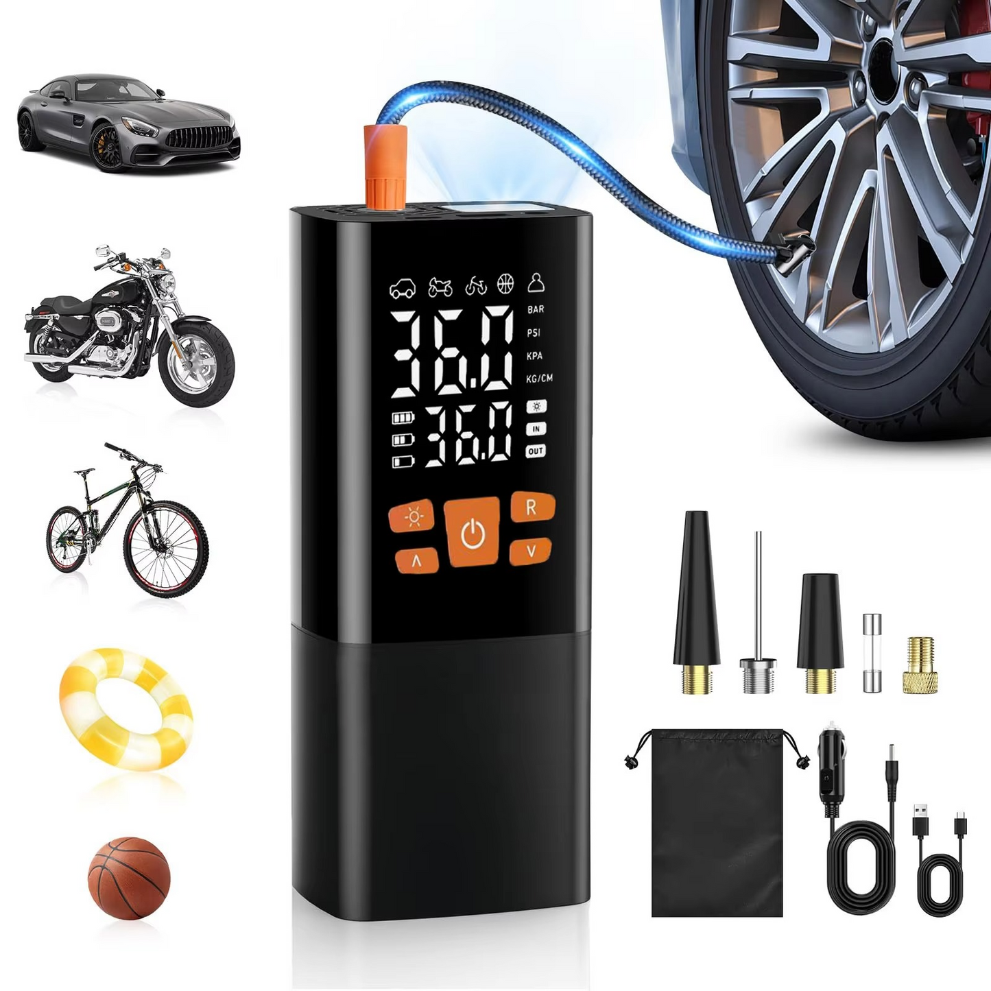 Tragbarer Reifenfüller mit Luftkompressor, 180 PSI, wiederaufladbare Pumpe mit 25000-mAh-Akku
