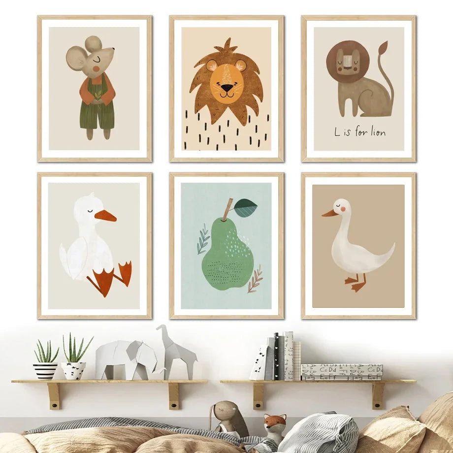 Niedliche Baby Tiere Kinderzimmer Wandkunst Illustrationen Fine Art Leinwanddrucke Gänse Maus Löwe Eisbär Poster Bilder für das Kinderzimmer Wanddekoration | Karnz