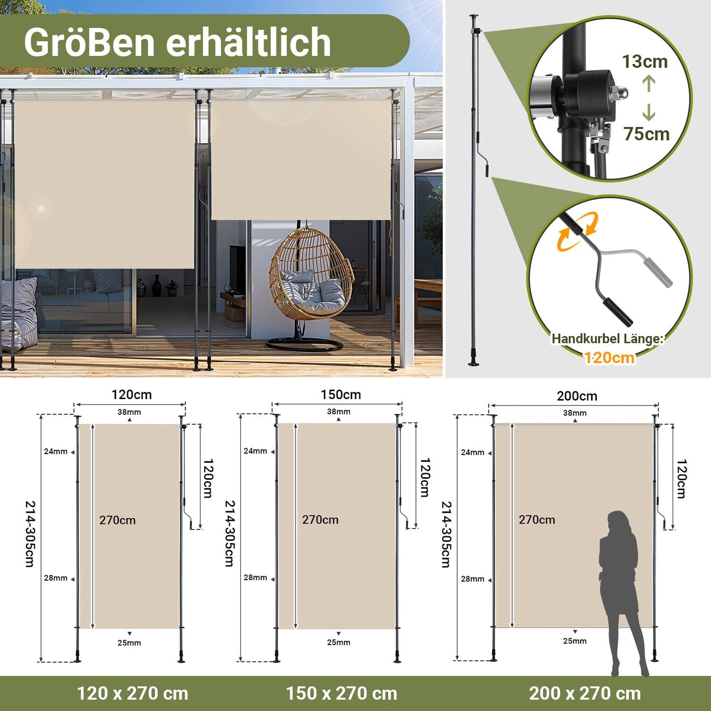 Klemmmarkise Senkrechtmarkise mit Handkurbel ohne Bohren | Karnz