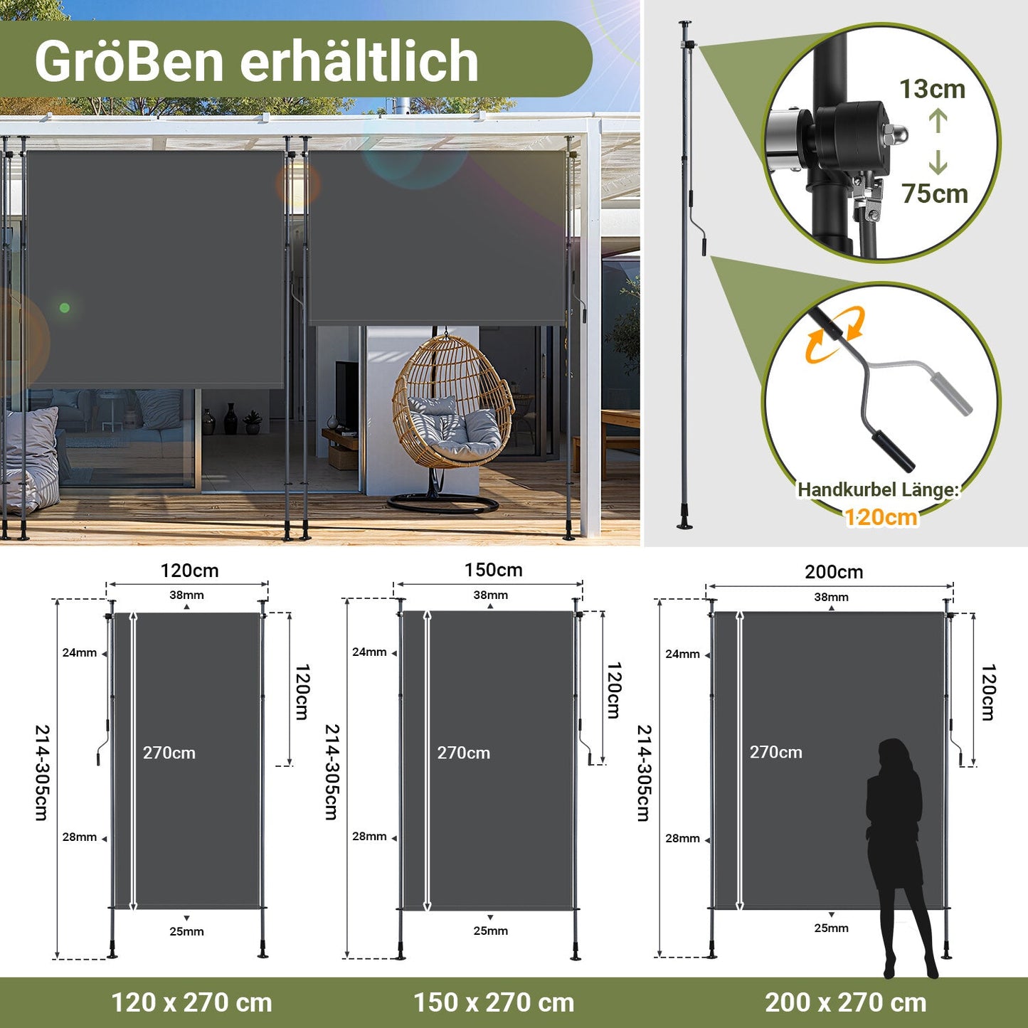 Klemmmarkise Senkrechtmarkise mit Handkurbel ohne Bohren | Karnz