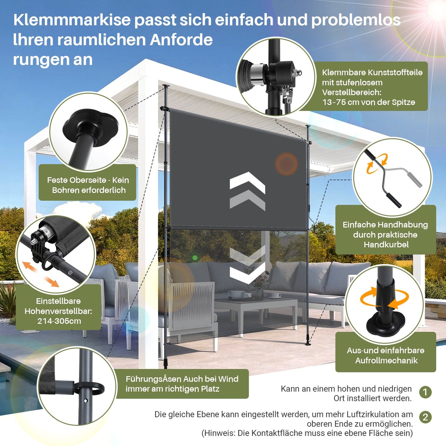Klemmmarkise Senkrechtmarkise mit Handkurbel ohne Bohren | Karnz