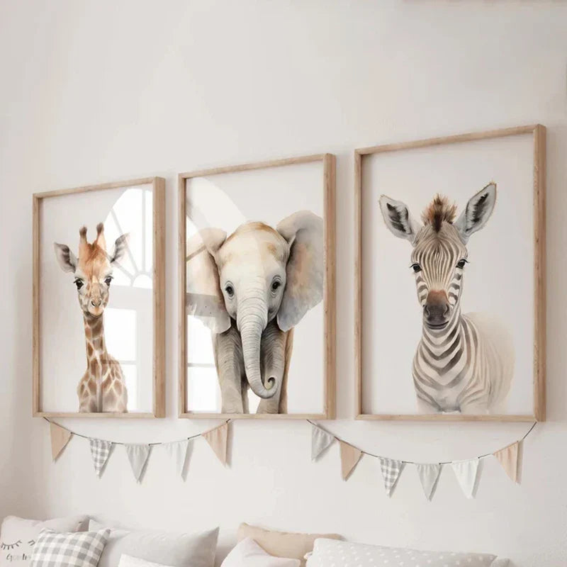 Set aus 3PCS Baby Elefant Giraffe Löwe Kinderzimmer Wandkunst Feine Kunst Leinwanddrucke Wilde Tier Safari Poster Bilder Für Kinderzimmer Dekor