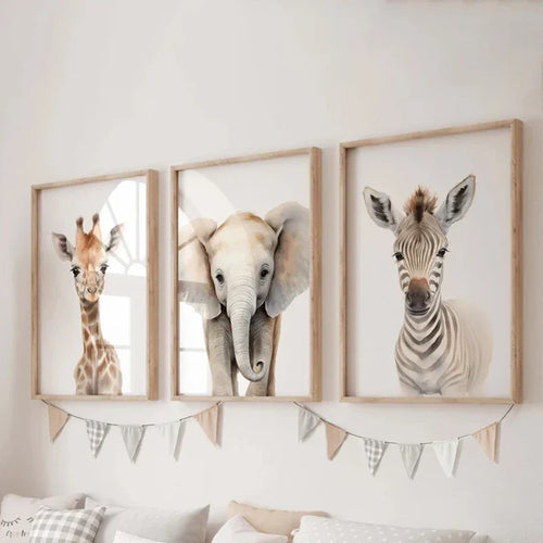 Set aus 3PCS Baby Elefant Giraffe Löwe Kinderzimmer Wandkunst Feine Kunst Leinwanddrucke Wilde Tier Safari Poster Bilder Für Kinderzimmer Dekor