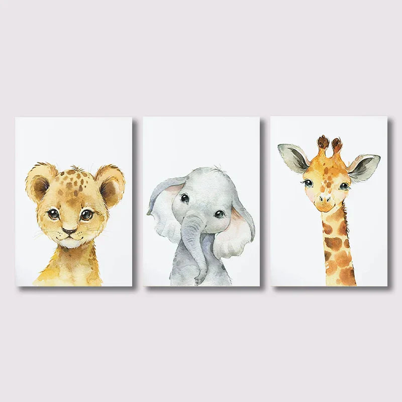 Set aus 3PCS Baby Elefant Giraffe Löwe Kinderzimmer Wandkunst Feine Kunst Leinwanddrucke Wilde Tier Safari Poster Bilder Für Kinderzimmer Dekor