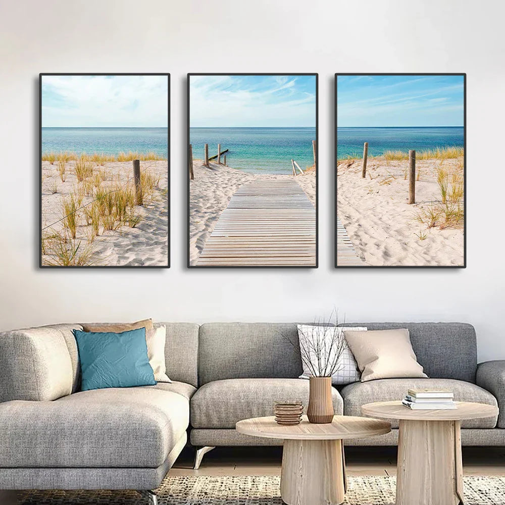 Set von 3PCS Blaues Meer Sandiger Strand Wandkunst Fine Art Leinwand Drucke Inspirierende Seestücke Bilder von Ruhe für das Wohnzimmer