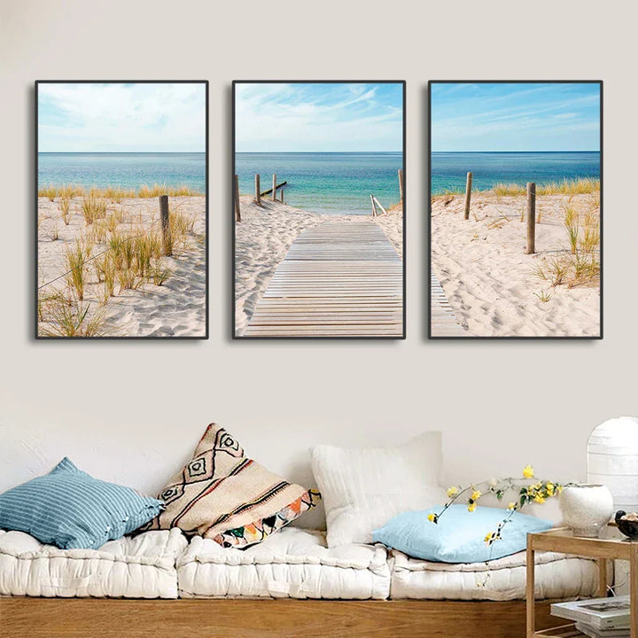 Set von 3PCS Blaues Meer Sandiger Strand Wandkunst Fine Art Leinwand Drucke Inspirierende Seestücke Bilder von Ruhe für das Wohnzimmer