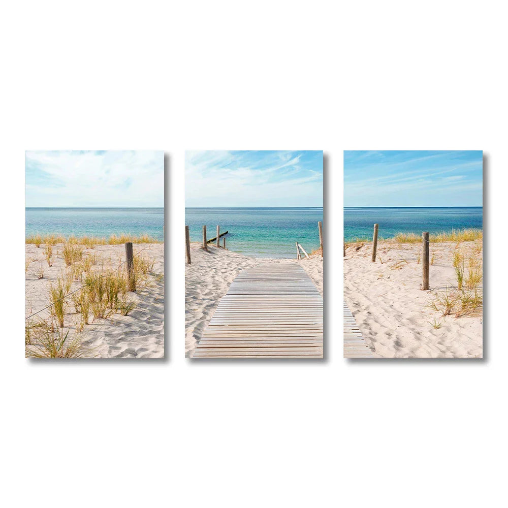 Set von 3PCS Blaues Meer Sandiger Strand Wandkunst Fine Art Leinwand Drucke Inspirierende Seestücke Bilder von Ruhe für das Wohnzimmer
