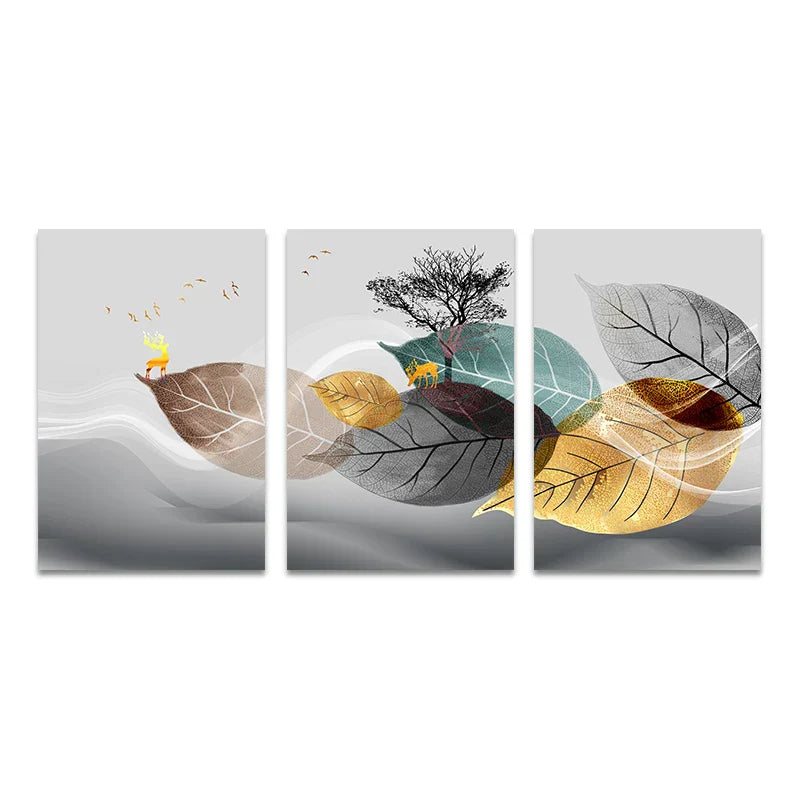 Set von 3PCS Golden Autumn Deer Wandkunst Feine Kunst Leinwanddrucke Nordic Abstract Landschaft Bilder Für Wohnzimmer Dekor