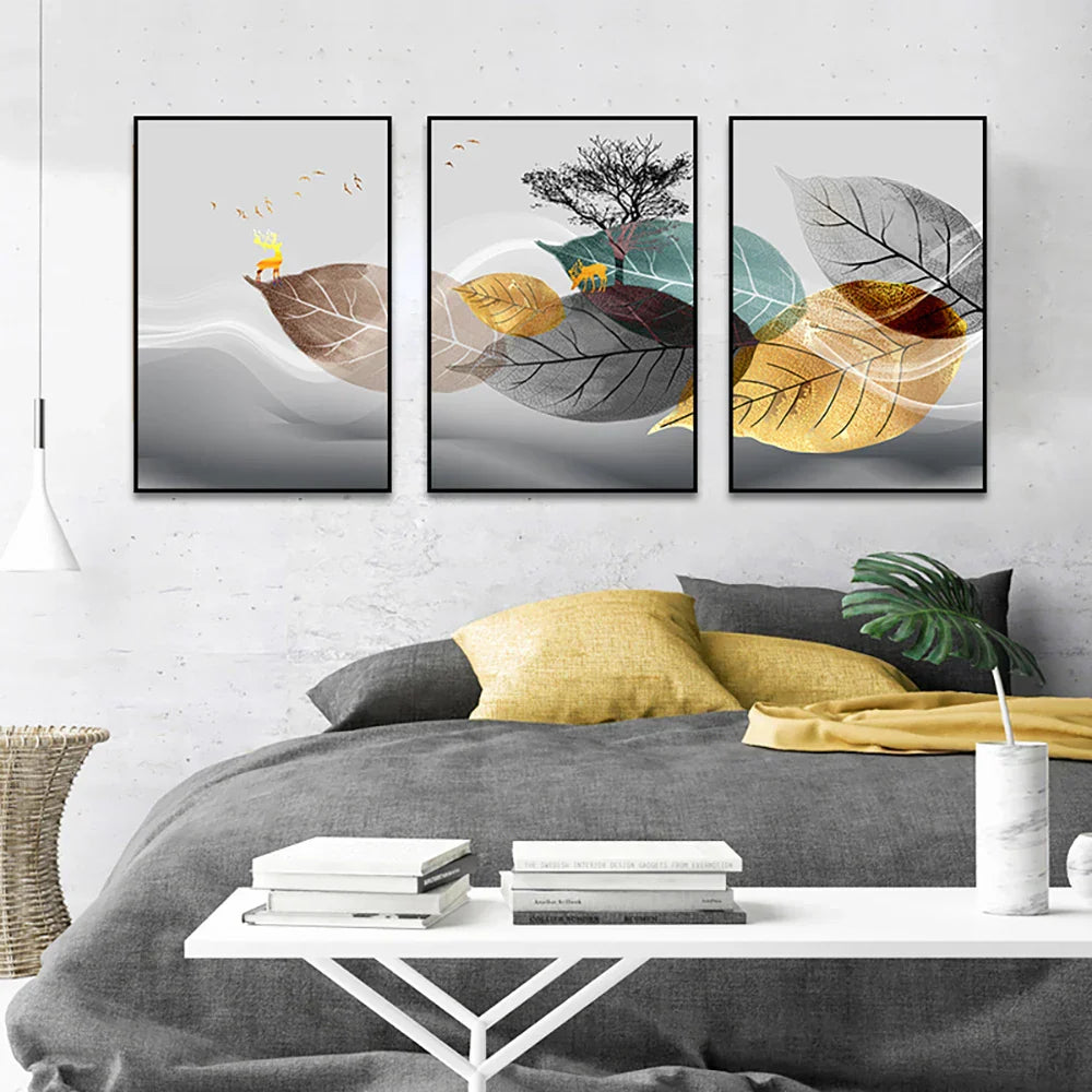 Set von 3PCS Golden Autumn Deer Wandkunst Feine Kunst Leinwanddrucke Nordic Abstract Landschaft Bilder Für Wohnzimmer Dekor