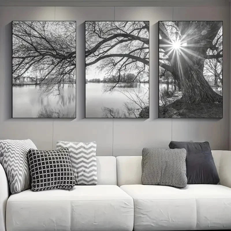 Set von 3 Stück Große Baum See Sonnenuntergang Wandkunst Fine Art Leinwanddrucke Schwarzweiß Landschaftsbilder Für Wohnzimmer Schlafzimmer Esszimmer Kunst Dekor