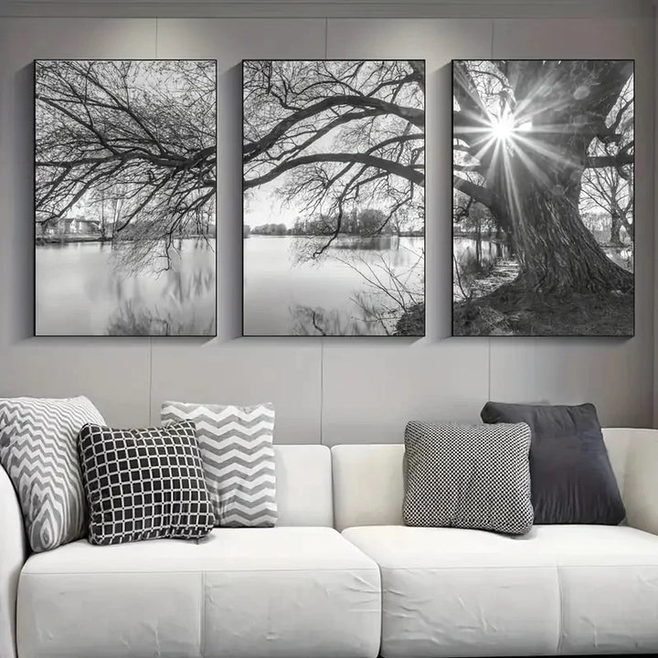 Set von 3 Stück Große Baum See Sonnenuntergang Wandkunst Fine Art Leinwanddrucke Schwarzweiß Landschaftsbilder Für Wohnzimmer Schlafzimmer Esszimmer Kunst Dekor