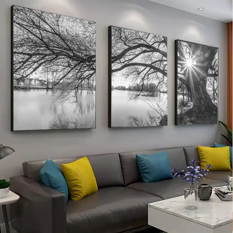 Set von 3 Stück Große Baum See Sonnenuntergang Wandkunst Fine Art Leinwanddrucke Schwarzweiß Landschaftsbilder Für Wohnzimmer Schlafzimmer Esszimmer Kunst Dekor