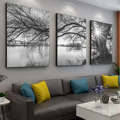 Set von 3 Stück Große Baum See Sonnenuntergang Wandkunst Fine Art Leinwanddrucke Schwarzweiß Landschaftsbilder Für Wohnzimmer Schlafzimmer Esszimmer Kunst Dekor