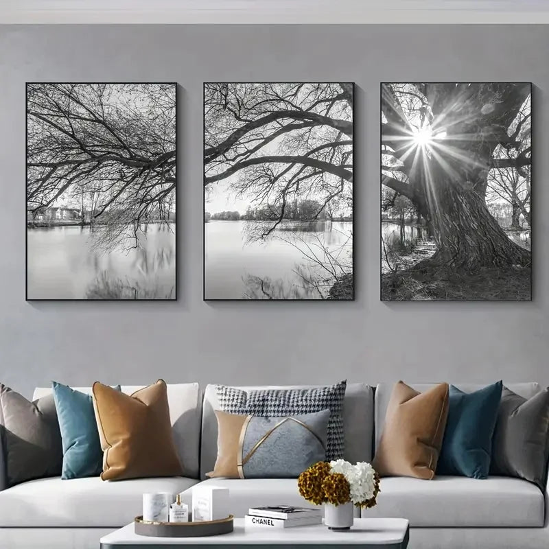 Set von 3 Stück Große Baum See Sonnenuntergang Wandkunst Fine Art Leinwanddrucke Schwarzweiß Landschaftsbilder Für Wohnzimmer Schlafzimmer Esszimmer Kunst Dekor