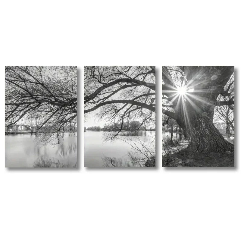 Set von 3 Stück Große Baum See Sonnenuntergang Wandkunst Fine Art Leinwanddrucke Schwarzweiß Landschaftsbilder Für Wohnzimmer Schlafzimmer Esszimmer Kunst Dekor
