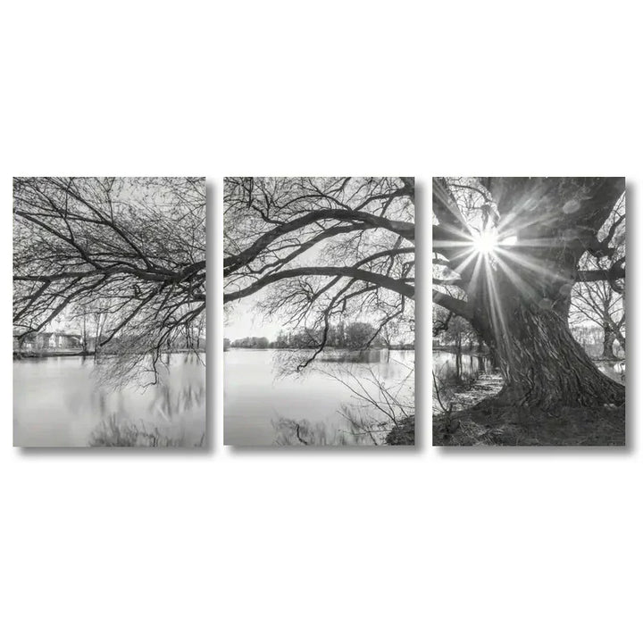 Set von 3 Stück Große Baum See Sonnenuntergang Wandkunst Fine Art Leinwanddrucke Schwarzweiß Landschaftsbilder Für Wohnzimmer Schlafzimmer Esszimmer Kunst Dekor