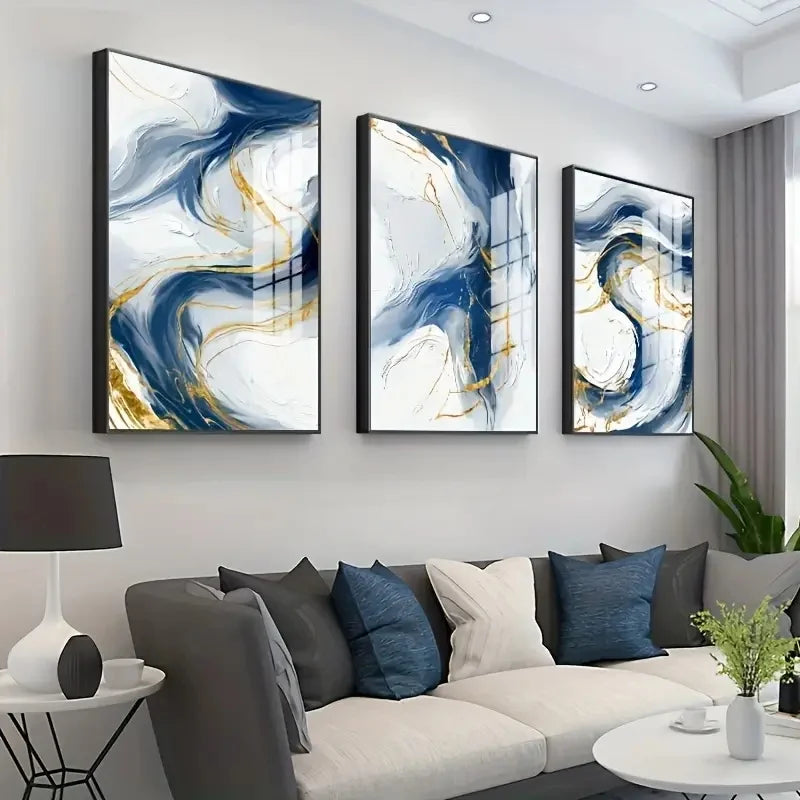 Set von 3Pcs Blau Goldene Fließende Wirbel Abstrakte Wandkunst Fine Art Leinwanddrucke Licht Minimalistische Bilder Für modernes Wohnzimmer (Unrahmt)
