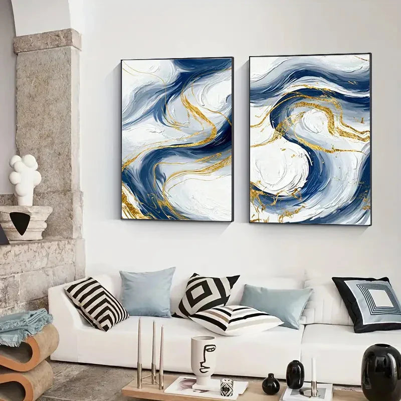 Set von 3Pcs Blau Goldene Fließende Wirbel Abstrakte Wandkunst Fine Art Leinwanddrucke Licht Minimalistische Bilder Für modernes Wohnzimmer (Unrahmt)