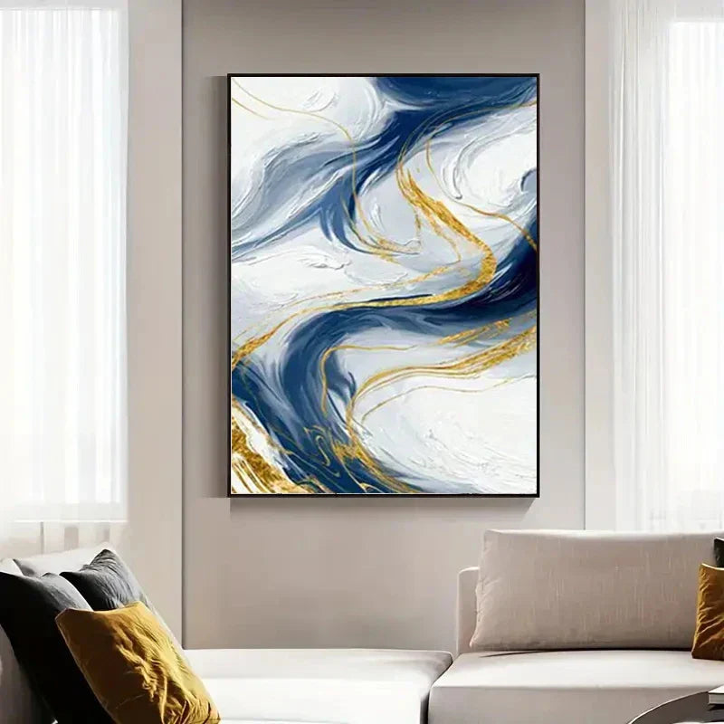 Set von 3Pcs Blau Goldene Fließende Wirbel Abstrakte Wandkunst Fine Art Leinwanddrucke Licht Minimalistische Bilder Für modernes Wohnzimmer (Unrahmt)
