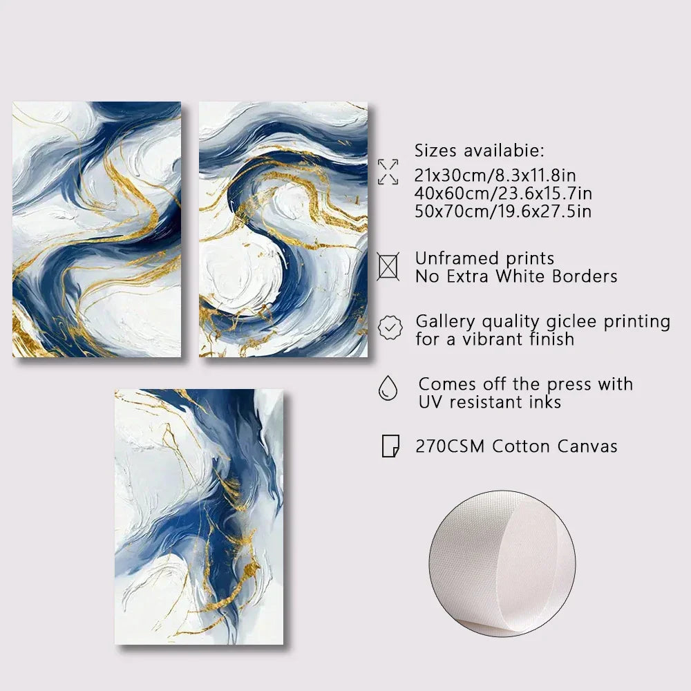 Set von 3Pcs Blau Goldene Fließende Wirbel Abstrakte Wandkunst Fine Art Leinwanddrucke Licht Minimalistische Bilder Für modernes Wohnzimmer (Unrahmt)