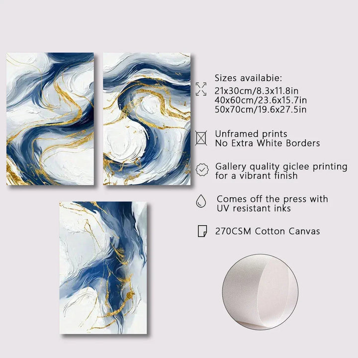 Set von 3Pcs Blau Goldene Fließende Wirbel Abstrakte Wandkunst Fine Art Leinwanddrucke Licht Minimalistische Bilder Für modernes Wohnzimmer (Unrahmt)