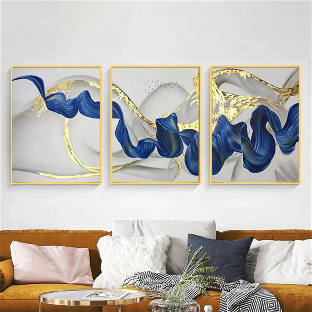 Set aus 3 Stück Blau Goldene Welle Wandkunst Feine Kunst Leinwanddrucke Bilder Für Modernes Wohnzimmer Esszimmer Hotelzimmer Dekoration