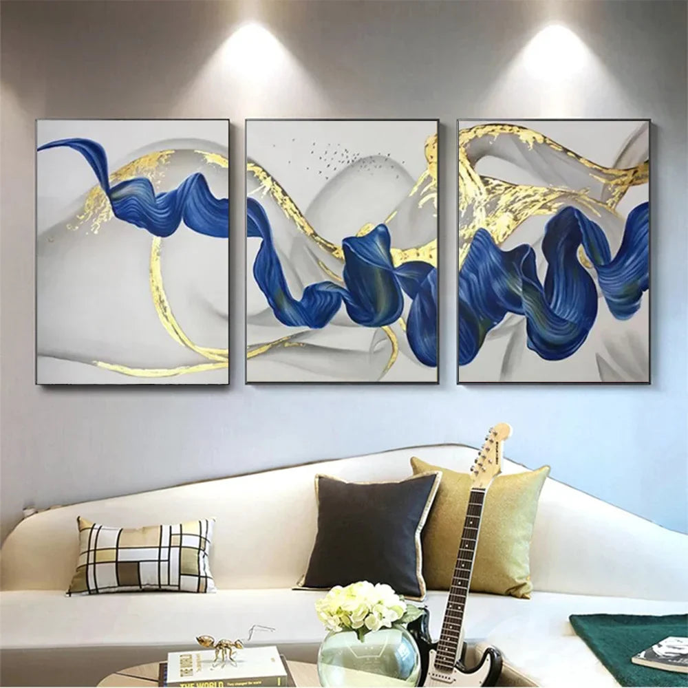 Set aus 3 Stück Blau Goldene Welle Wandkunst Feine Kunst Leinwanddrucke Bilder Für Modernes Wohnzimmer Esszimmer Hotelzimmer Dekoration