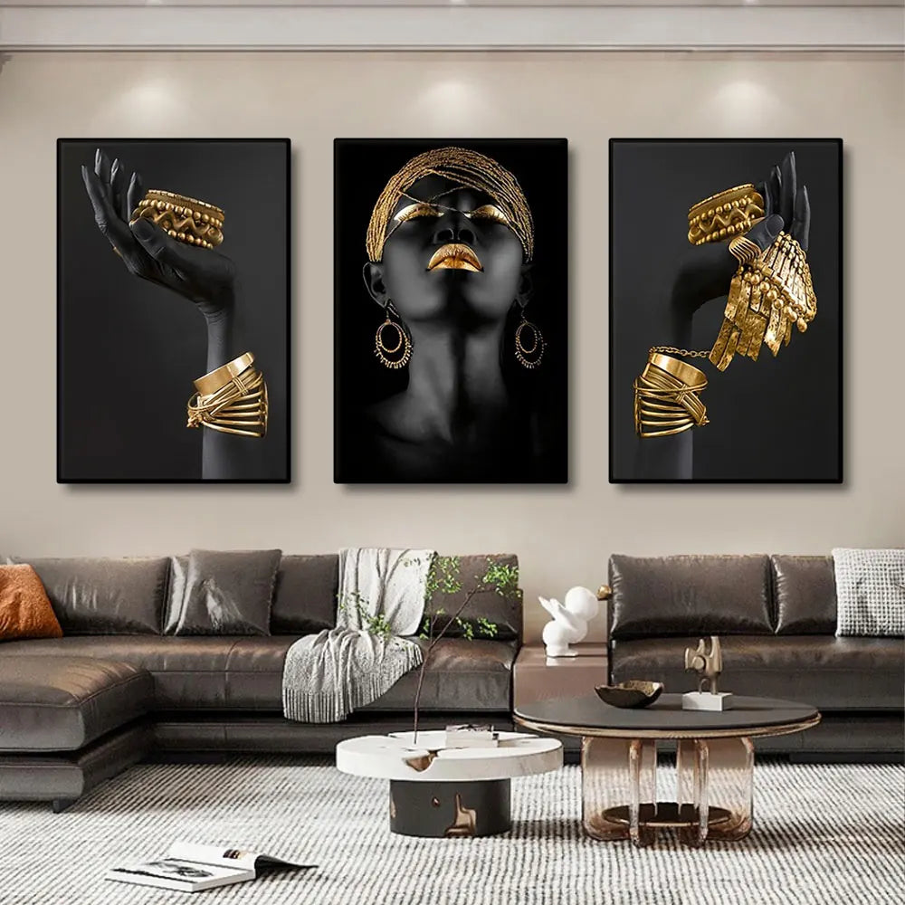 Set aus 3 Stück Schwarz Goldene Frauenporträt Wandkunst Feine Kunst Leinwanddrucke Bilder Für Luxuriöses Wohnzimmer Esszimmer Home Office Dekor | Karnz