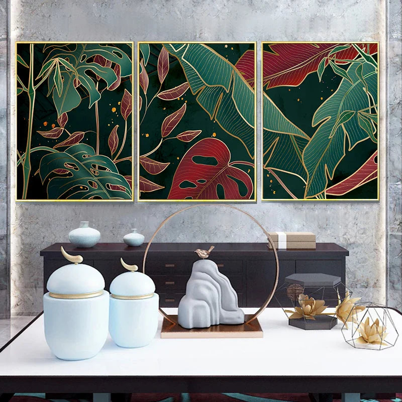 Moderne abstrakte tropische Botanik Wandkunst Fine Art Leinwanddrucke Rote grüne Palmenblätter Poster Bilder für Wohnzimmer Hotelzimmer Dekoration | Karnz