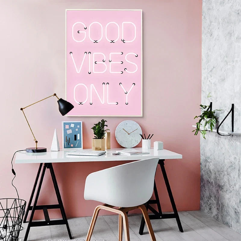 Good Vibes Only Neon Pink Poster Wandkunst Fine Art Leinwanddrucke Positivität Bild für Wohnzimmer Mädchen Schlafzimmer Salon Kunst Dekor | Karnz
