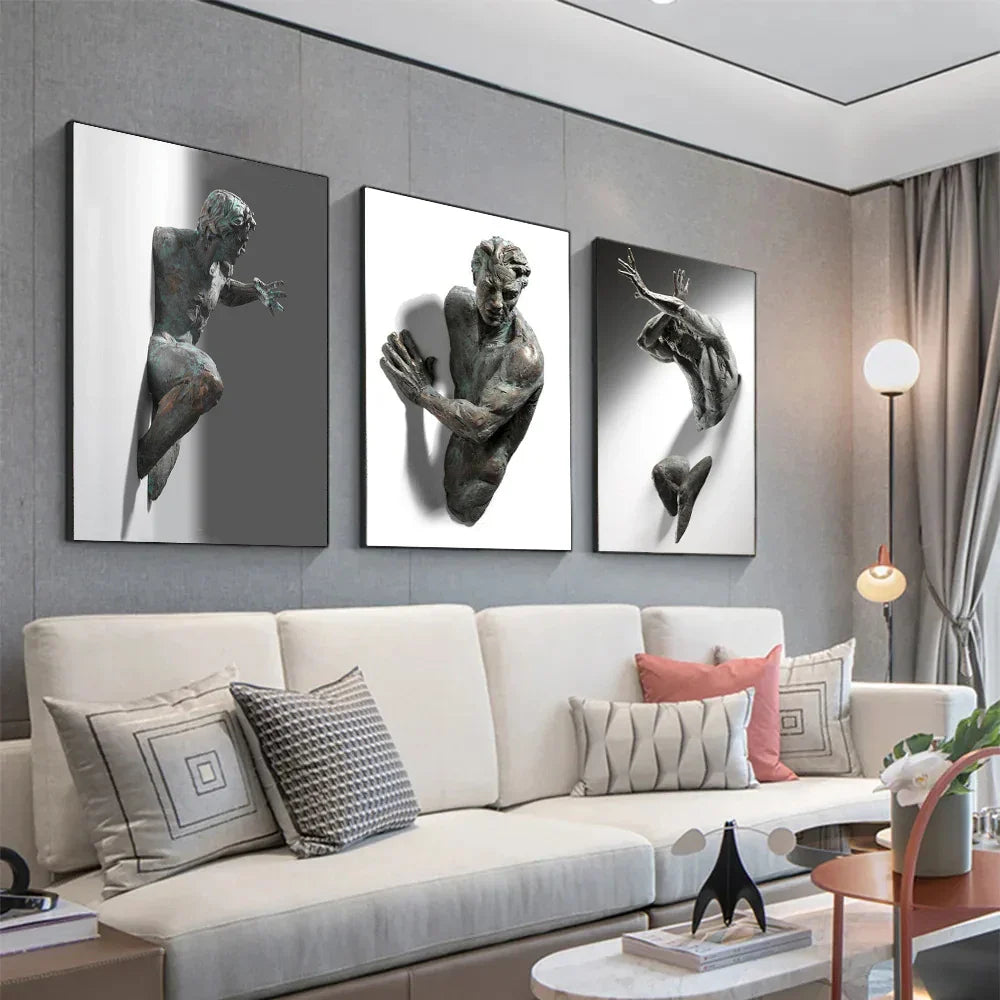 Moderne urbane abstrakte Eisenstatue Wandkunst Fine Art Leinwanddrucke 3D-Visualisierung Figurenkunst Bilder für minimalistische Wohnungswanddekoration | Karnz