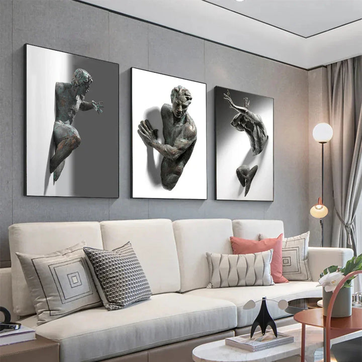 Moderne urbane abstrakte Eisenstatue Wandkunst Fine Art Leinwanddrucke 3D-Visualisierung Figurenkunst Bilder für minimalistische Wohnungswanddekoration | Karnz