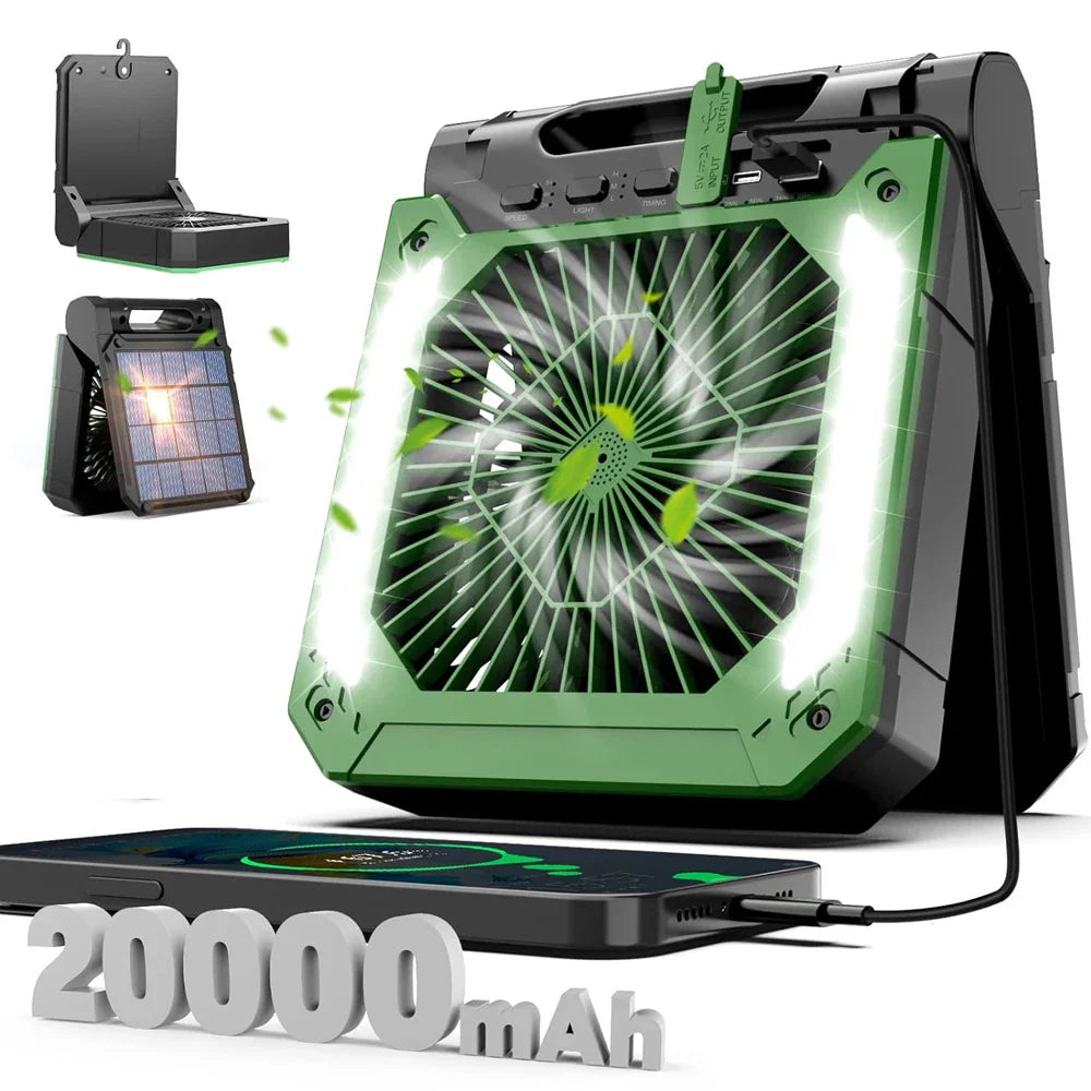 20000mAh Tragbarer Elektrischer Ventilator mit LED Licht — USB, Solar & Auto-Ladung für Camping | Karnz