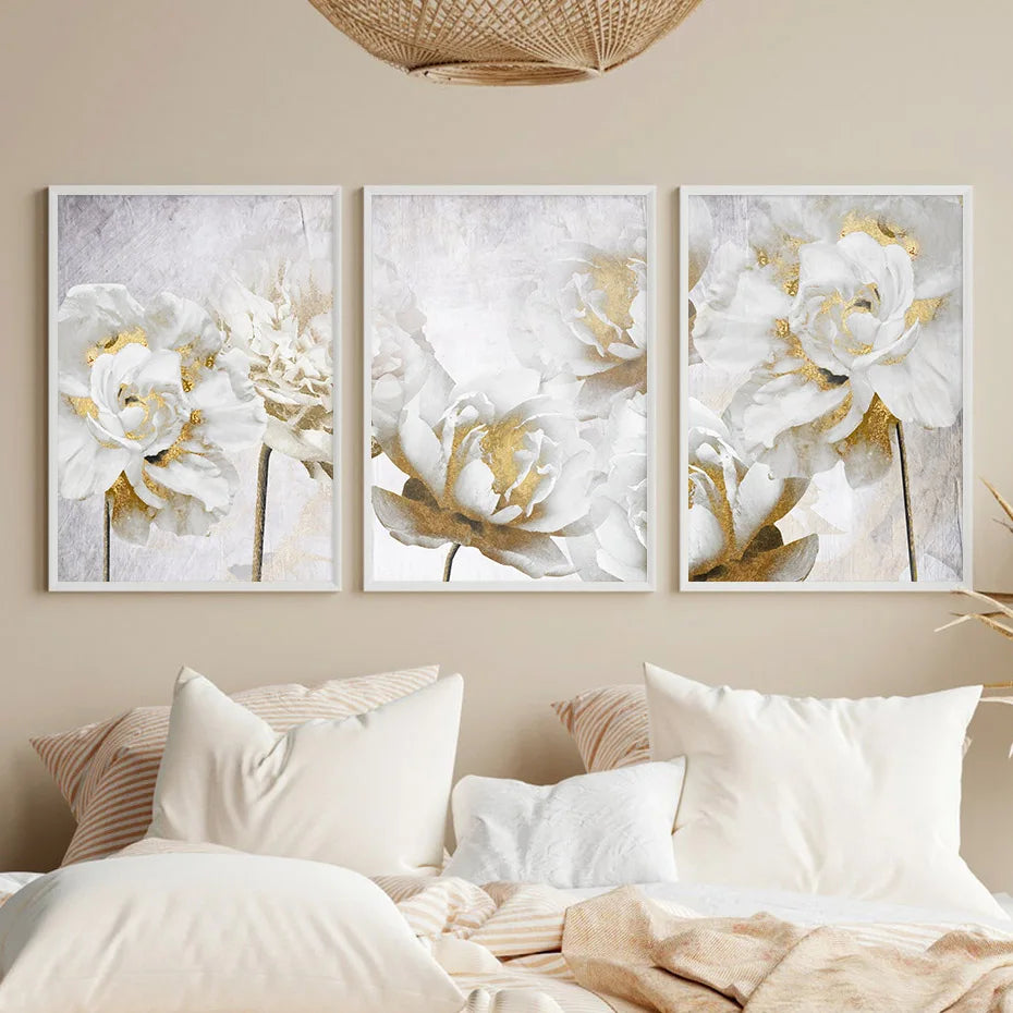 Opulente Blüten Elegante Weiße Blumen mit Goldakzenten Leinwand Wandkunst Feine Kunstleinwand Drucke Poster Florale Bilder Für Modernes Wohnzimmer | Karnz