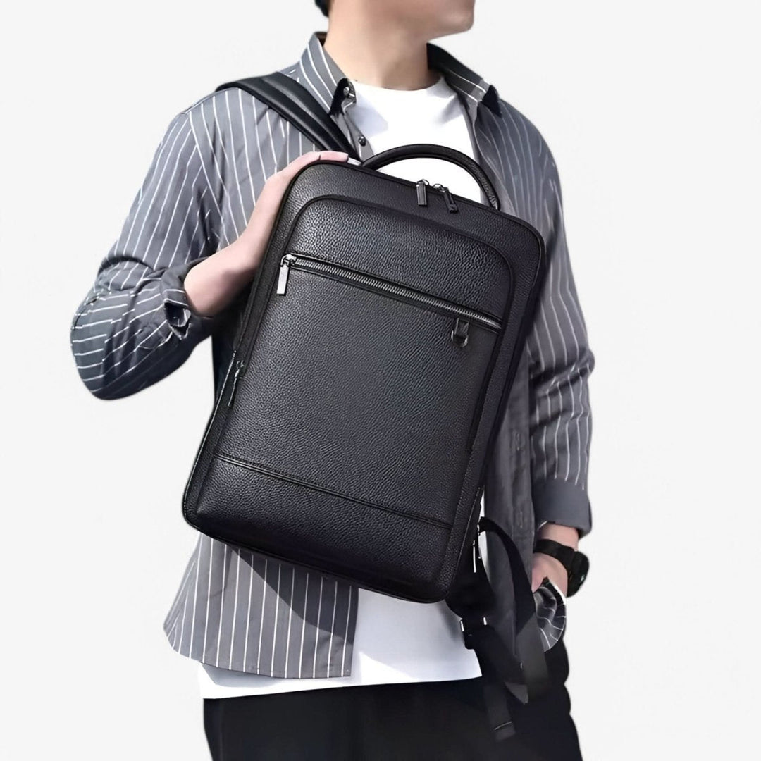 Eleganter Lederrucksack für Damen und Herren mit USB-Anschluss für Laptop und den täglichen Gebrauch, 15,6 Zoll, schwarz