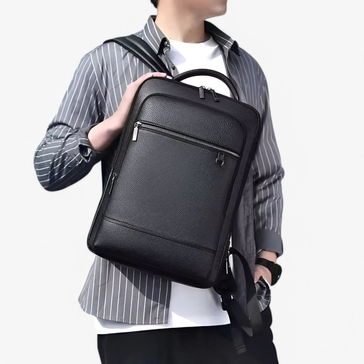 Eleganter Lederrucksack für Damen und Herren mit USB-Anschluss für Laptop und den täglichen Gebrauch, 15,6 Zoll, schwarz